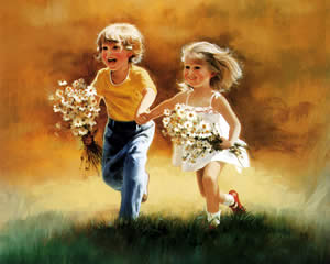 мальчик и девочка бегут с букетом